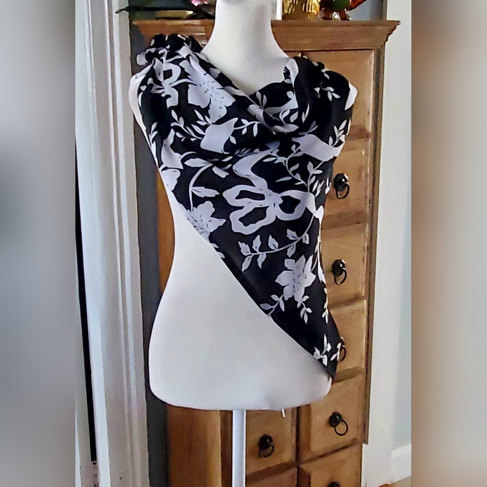 100% Silk Black & White Floral Wrap Scarf
